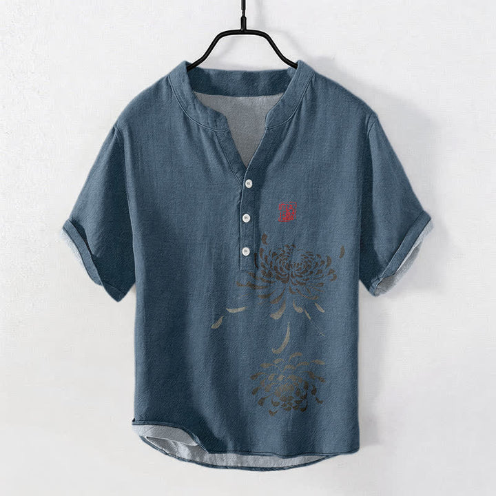 Buddha Stones Cotton Ink Chrysanthemum Seal Pattern Men's Short Sleeve Half Button Shirt - SteelBlue - US/UK/AU50，EU60 (5XL) - image 7