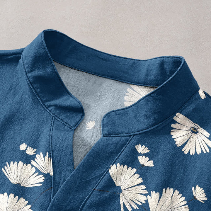 Buddha Stones Cotton White Daisy Pattern Men's Short Sleeve Half Button Shirt - image 2
