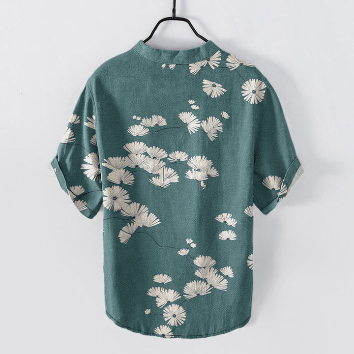 Buddha Stones Cotton White Daisy Pattern Men's Short Sleeve Half Button Shirt - image 6