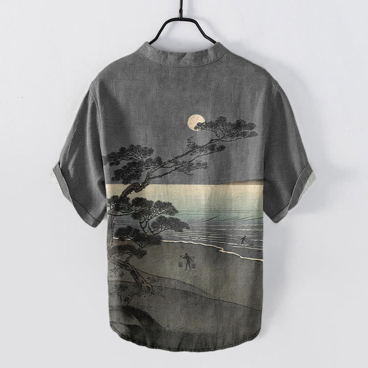 Buddha Stones Cotton Moonlit Coast Pine Pattern Men's Short Sleeve Half Button Shirt - image 6