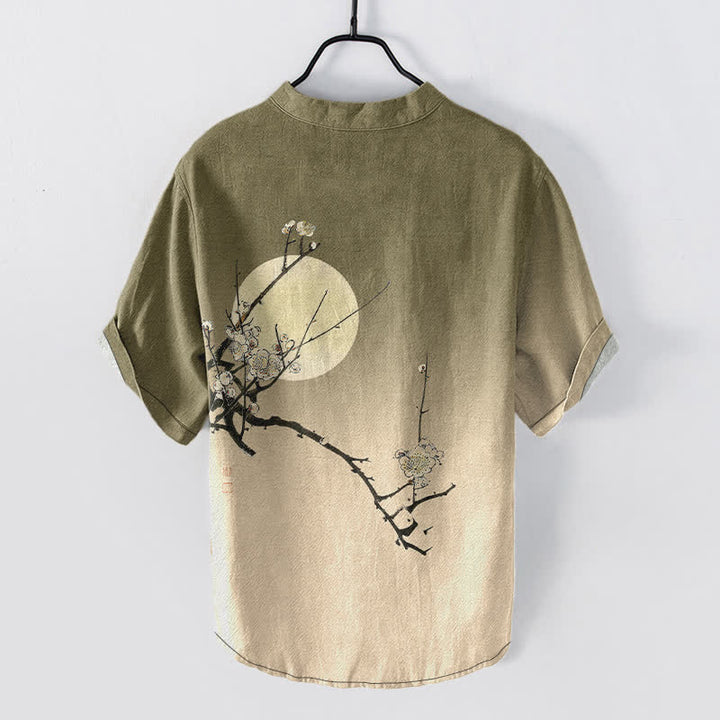 Buddha Stones Cotton Plum Blossom Moon Pattern Men's Short Sleeve Half Button Shirt - image 1