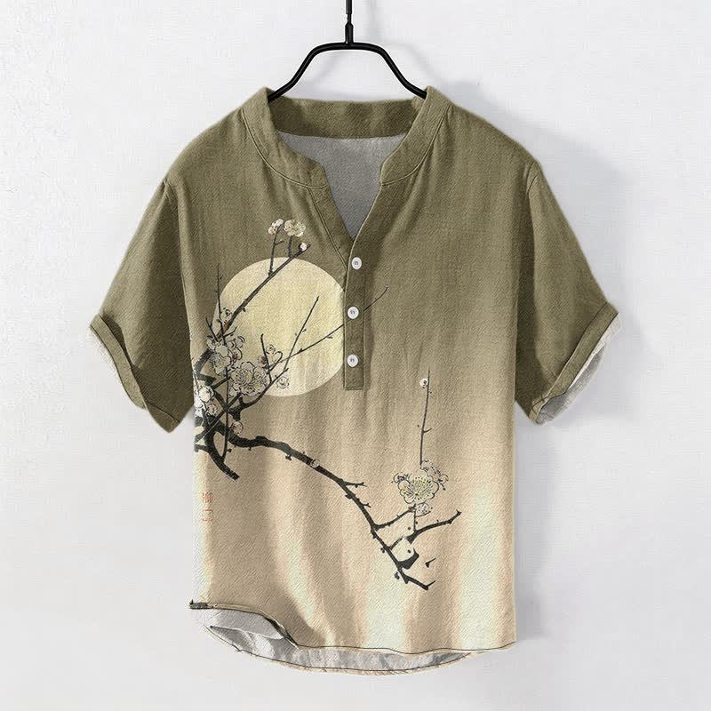 Buddha Stones Cotton Plum Blossom Moon Pattern Men's Short Sleeve Half Button Shirt - Olive - US/UK/AU50，EU60 (5XL) - image 0