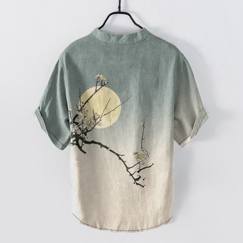 Buddha Stones Cotton Plum Blossom Moon Pattern Men's Short Sleeve Half Button Shirt - image 6
