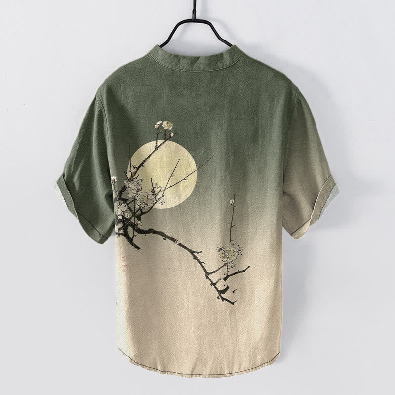 Buddha Stones Cotton Plum Blossom Moon Pattern Men's Short Sleeve Half Button Shirt - image 8