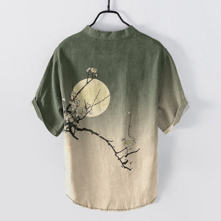 Buddha Stones Cotton Plum Blossom Moon Pattern Men's Short Sleeve Half Button Shirt - image 8