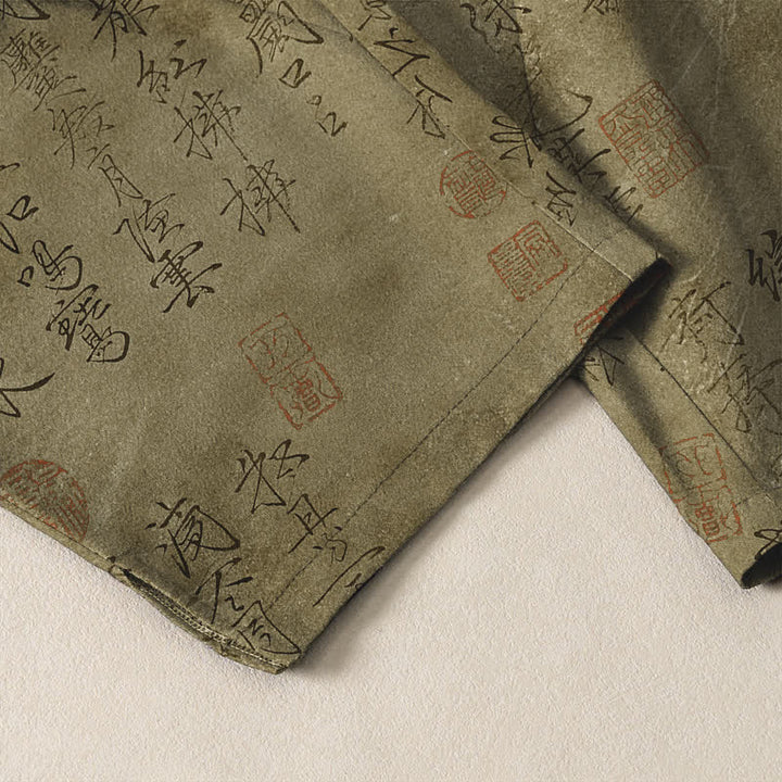 Buddha Stones Pure Cotton Vintage Calligraphy Seal Pattern Drawstring Men's Tapered Pants With Pockets - image 5
