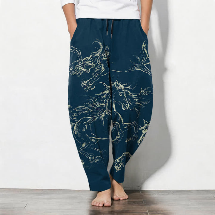 Buddha Stones Pure Cotton Running Horse Line Art Pattern Drawstring Men's Tapered Pants With Pockets - Navy - US/UK/AU50，EU60 (5XL) - image 0