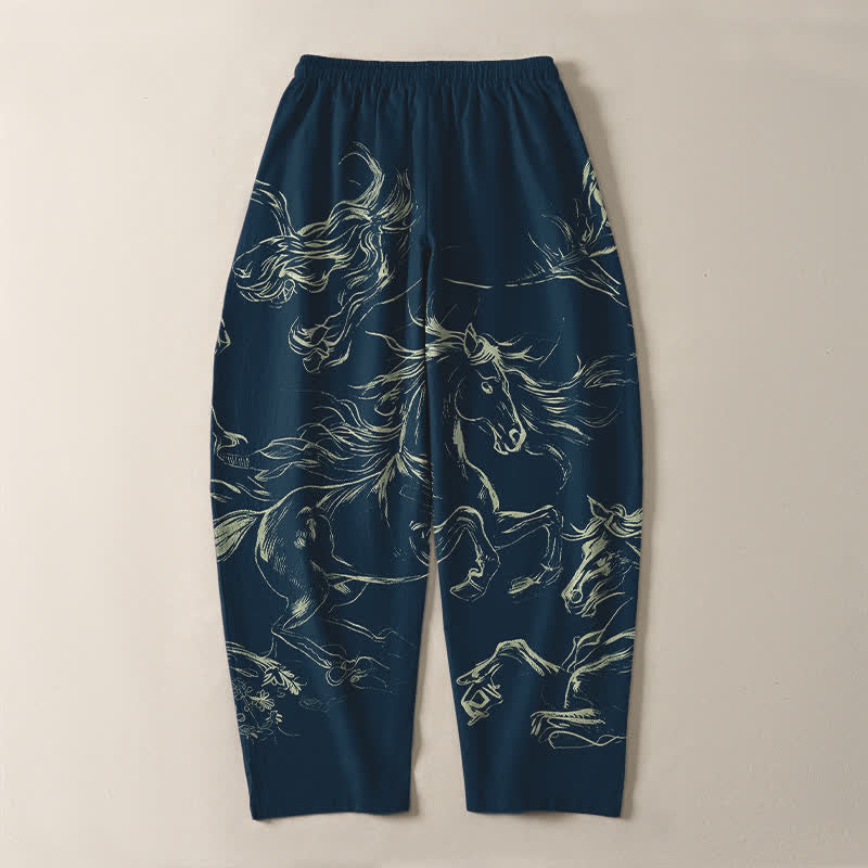 Buddha Stones Pure Cotton Running Horse Line Art Pattern Drawstring Men's Tapered Pants With Pockets - image 3
