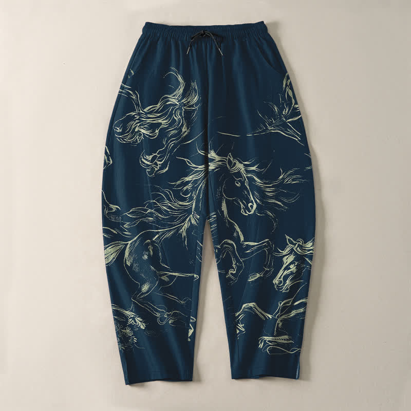 Buddha Stones Pure Cotton Running Horse Line Art Pattern Drawstring Men's Tapered Pants With Pockets - image 2