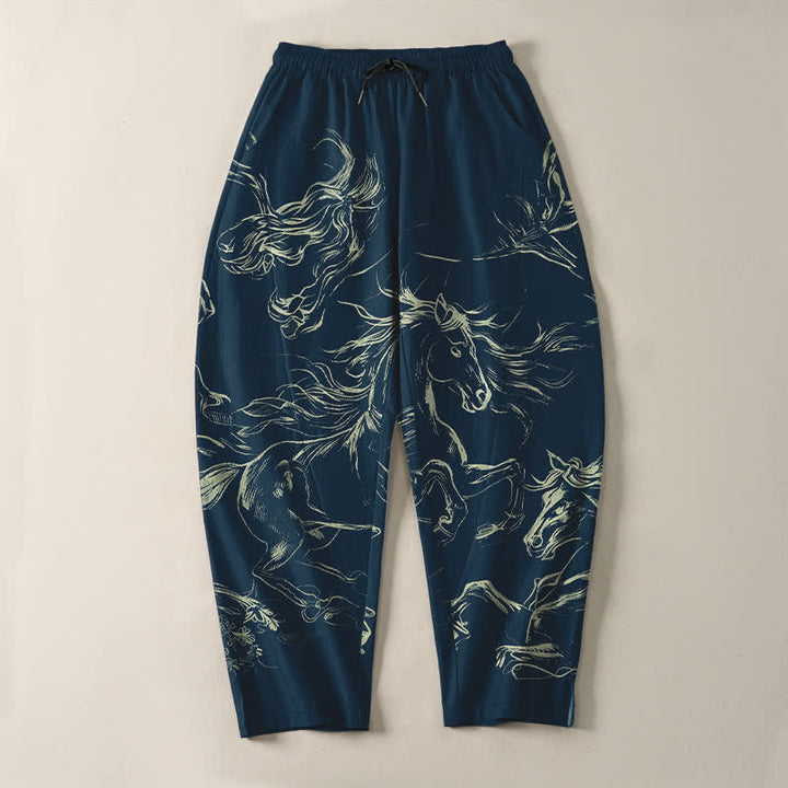 Buddha Stones Pure Cotton Running Horse Line Art Pattern Drawstring Men's Tapered Pants With Pockets - image 2
