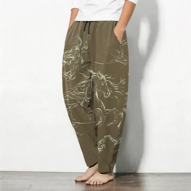 Buddha Stones Pure Cotton Running Horse Line Art Pattern Drawstring Men's Tapered Pants With Pockets - image 12