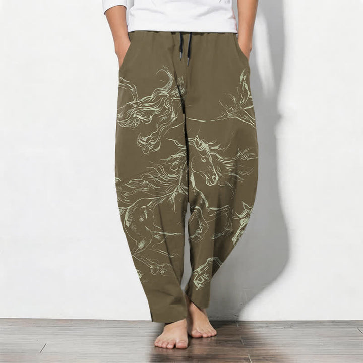 Buddha Stones Pure Cotton Running Horse Line Art Pattern Drawstring Men's Tapered Pants With Pockets - DarkGoldenrod - US/UK/AU50，EU60 (5XL) - image 11