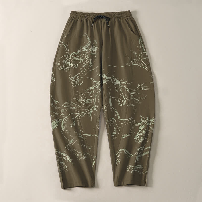 Buddha Stones Pure Cotton Running Horse Line Art Pattern Drawstring Men's Tapered Pants With Pockets - image 13