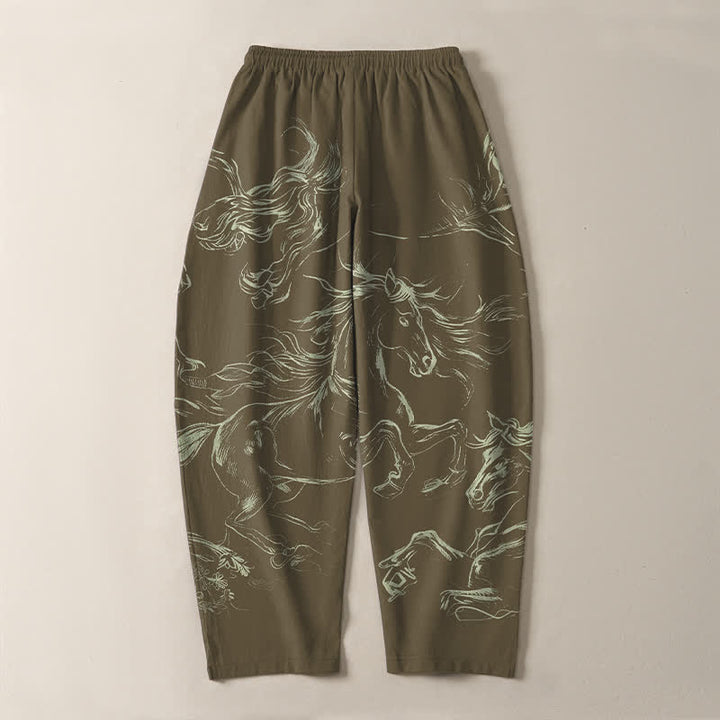 Buddha Stones Pure Cotton Running Horse Line Art Pattern Drawstring Men's Tapered Pants With Pockets - image 14