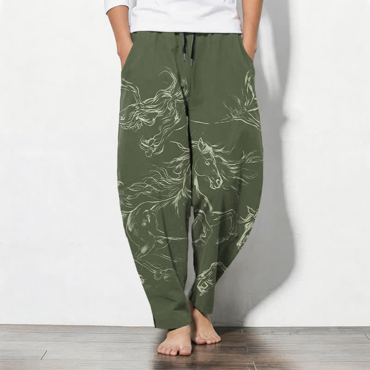 Buddha Stones Pure Cotton Running Horse Line Art Pattern Drawstring Men's Tapered Pants With Pockets - DarkOliveGreen - US/UK/AU50，EU60 (5XL) - image 7