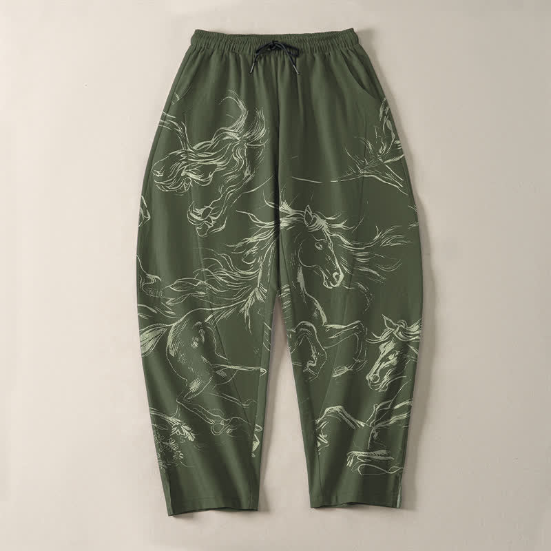 Buddha Stones Pure Cotton Running Horse Line Art Pattern Drawstring Men's Tapered Pants With Pockets - image 9