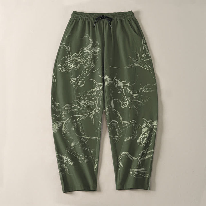 Buddha Stones Pure Cotton Running Horse Line Art Pattern Drawstring Men's Tapered Pants With Pockets - image 9