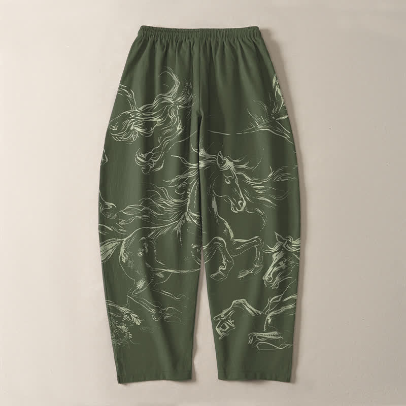 Buddha Stones Pure Cotton Running Horse Line Art Pattern Drawstring Men's Tapered Pants With Pockets - image 10