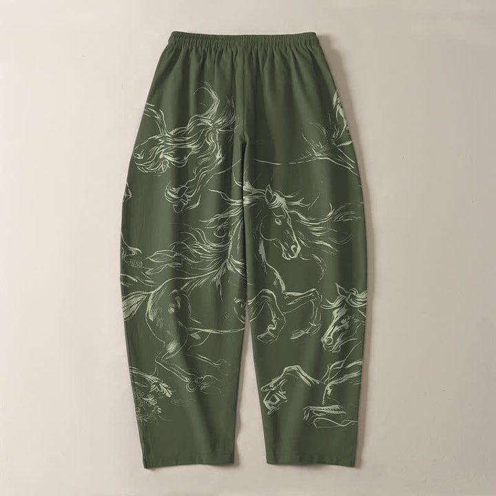Buddha Stones Pure Cotton Running Horse Line Art Pattern Drawstring Men's Tapered Pants With Pockets - image 10