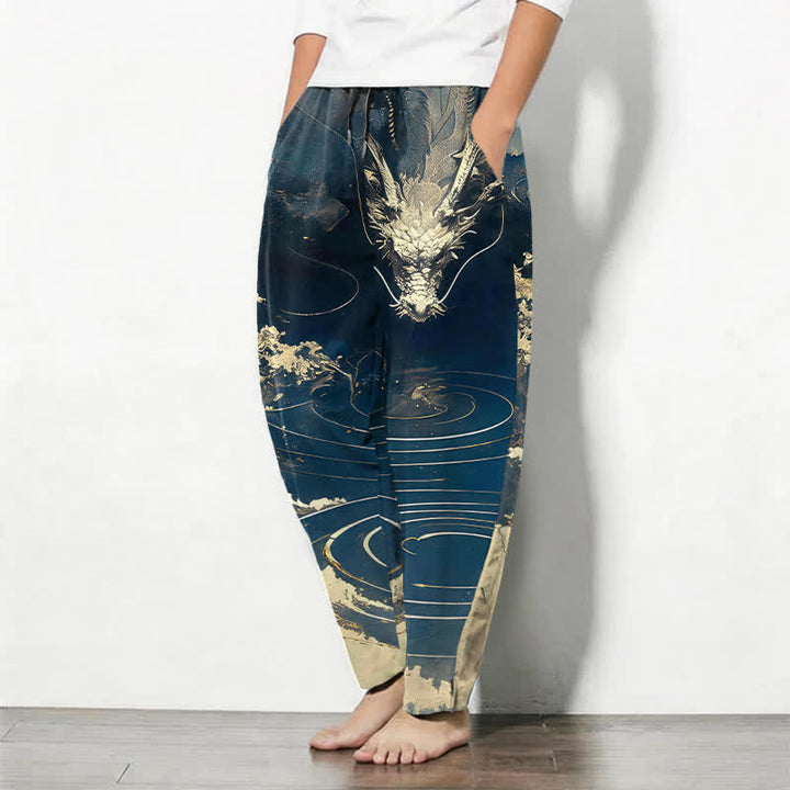 Buddha Stones Pure Cotton Golden Dragon Wave Pattern Drawstring Men's Tapered Pants With Pockets - image 1