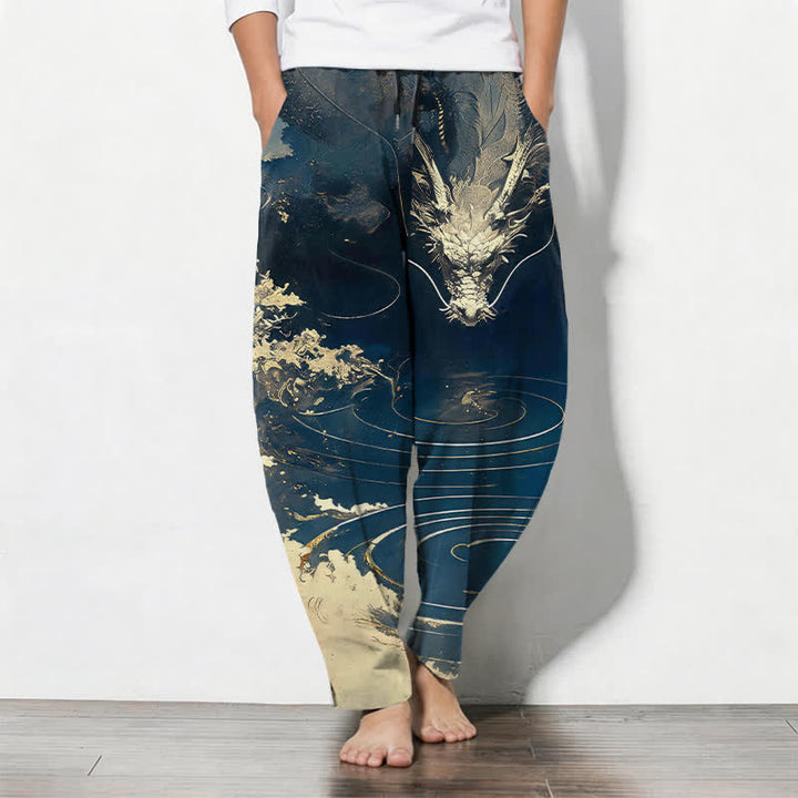Buddha Stones Pure Cotton Golden Dragon Wave Pattern Drawstring Men's Tapered Pants With Pockets - Navy - US/UK/AU50，EU60 (5XL) - image 0
