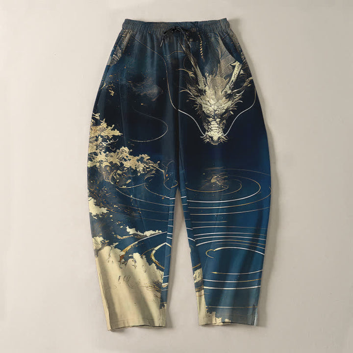 Buddha Stones Pure Cotton Golden Dragon Wave Pattern Drawstring Men's Tapered Pants With Pockets - image 2