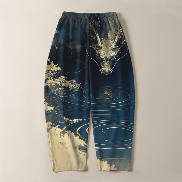 Buddha Stones Pure Cotton Golden Dragon Wave Pattern Drawstring Men's Tapered Pants With Pockets - image 3