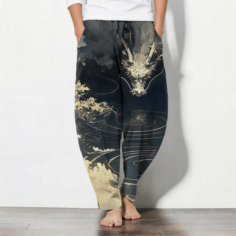 Buddha Stones Pure Cotton Golden Dragon Wave Pattern Drawstring Men's Tapered Pants With Pockets - Black - US/UK/AU50，EU60 (5XL) - image 7