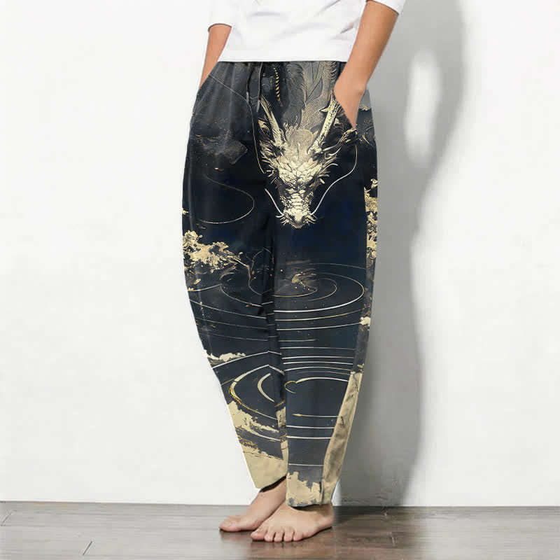 Buddha Stones Pure Cotton Golden Dragon Wave Pattern Drawstring Men's Tapered Pants With Pockets - image 8