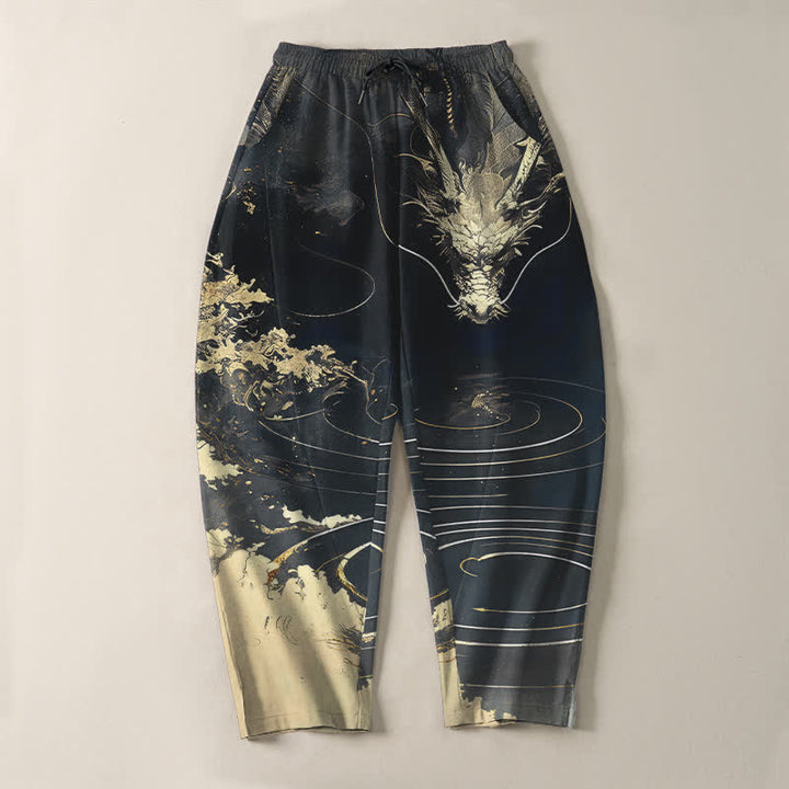 Buddha Stones Pure Cotton Golden Dragon Wave Pattern Drawstring Men's Tapered Pants With Pockets - image 9