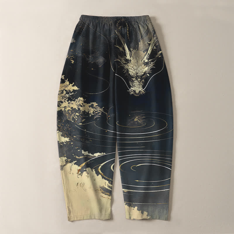 Buddha Stones Pure Cotton Golden Dragon Wave Pattern Drawstring Men's Tapered Pants With Pockets - image 10