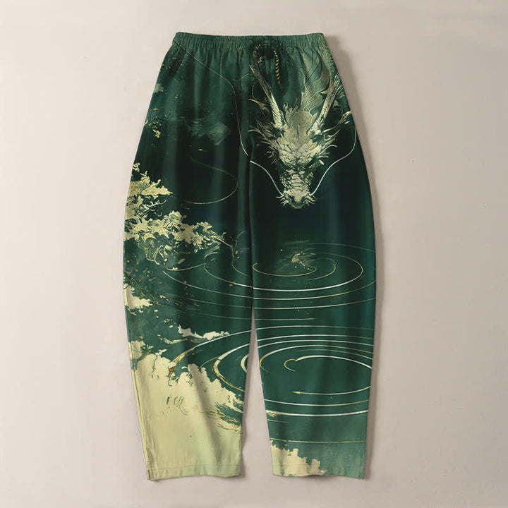 Buddha Stones Pure Cotton Golden Dragon Wave Pattern Drawstring Men's Tapered Pants With Pockets - image 14