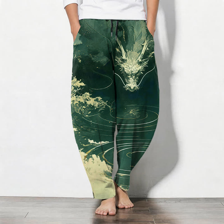 Buddha Stones Pure Cotton Golden Dragon Wave Pattern Drawstring Men's Tapered Pants With Pockets - DarkGreen - US/UK/AU50，EU60 (5XL) - image 11