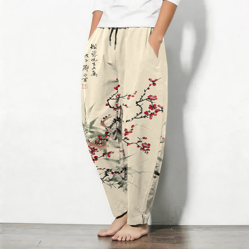 Buddha Stones Pure Cotton Ink Plum Blossom Pattern Drawstring Men's Tapered Pants With Pockets - image 1