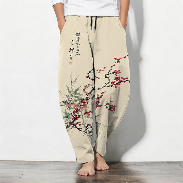 Buddha Stones Pure Cotton Ink Plum Blossom Pattern Drawstring Men's Tapered Pants With Pockets - Beige - US/UK/AU50，EU60 (5XL) - image 0