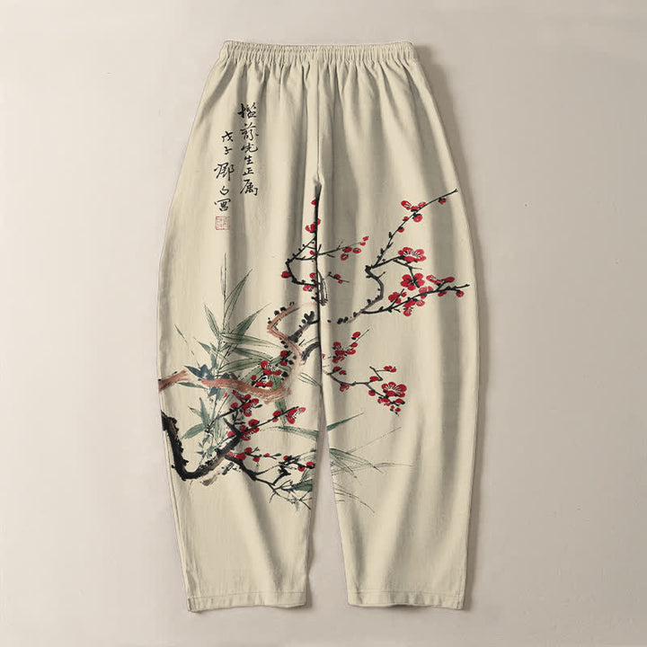 Buddha Stones Pure Cotton Ink Plum Blossom Pattern Drawstring Men's Tapered Pants With Pockets - image 3