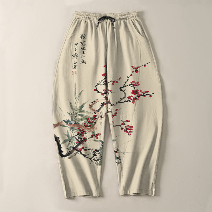 Buddha Stones Pure Cotton Ink Plum Blossom Pattern Drawstring Men's Tapered Pants With Pockets - image 2
