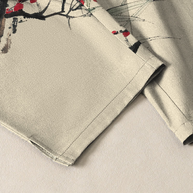 Buddha Stones Pure Cotton Ink Plum Blossom Pattern Drawstring Men's Tapered Pants With Pockets - image 5