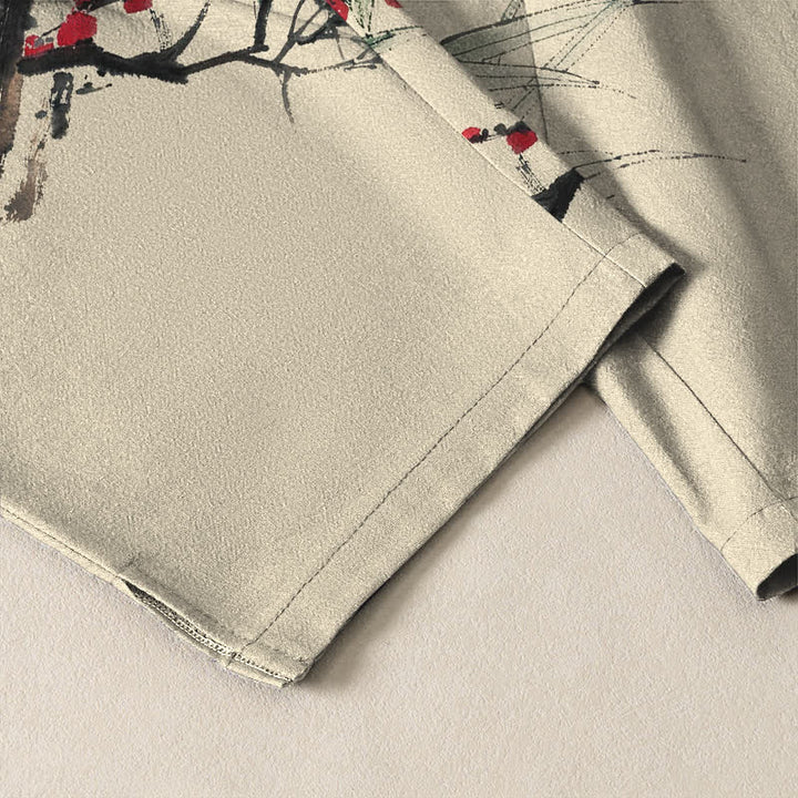 Buddha Stones Pure Cotton Ink Plum Blossom Pattern Drawstring Men's Tapered Pants With Pockets - image 5
