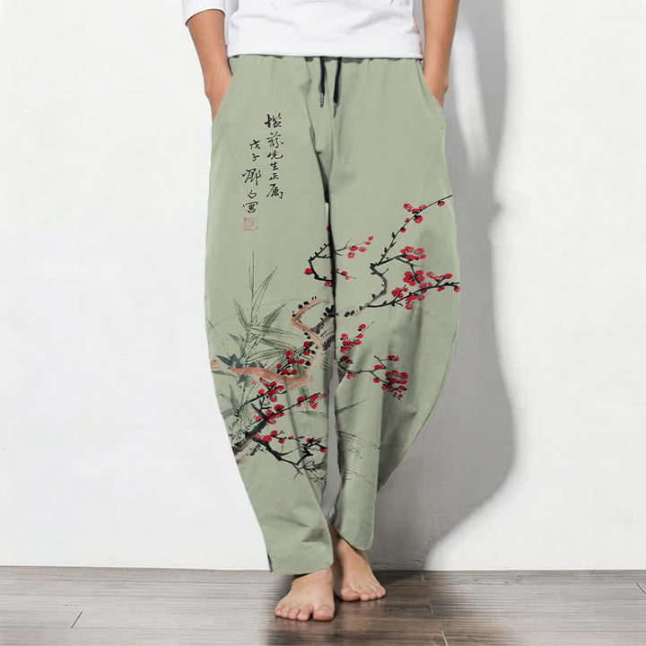 Buddha Stones Pure Cotton Ink Plum Blossom Pattern Drawstring Men's Tapered Pants With Pockets - DarkSeaGreen - US/UK/AU50，EU60 (5XL) - image 7