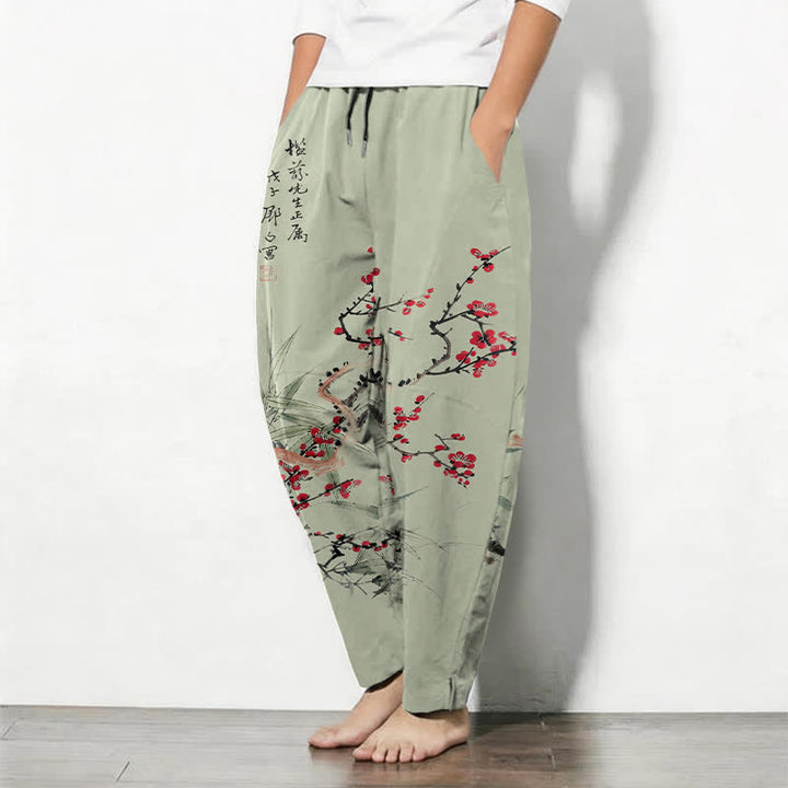 Buddha Stones Pure Cotton Ink Plum Blossom Pattern Drawstring Men's Tapered Pants With Pockets - image 8