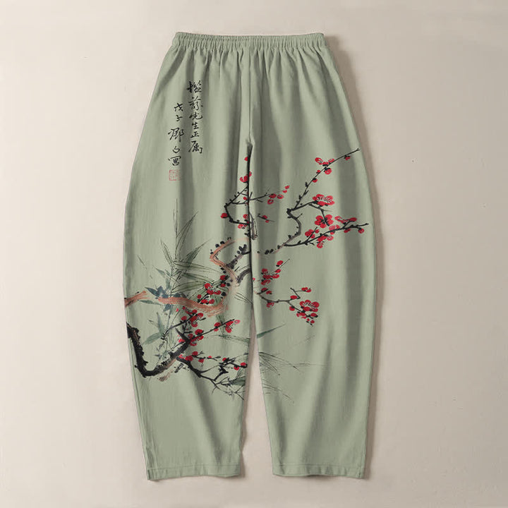 Buddha Stones Pure Cotton Ink Plum Blossom Pattern Drawstring Men's Tapered Pants With Pockets - image 10