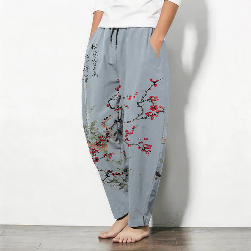Buddha Stones Pure Cotton Ink Plum Blossom Pattern Drawstring Men's Tapered Pants With Pockets - image 12