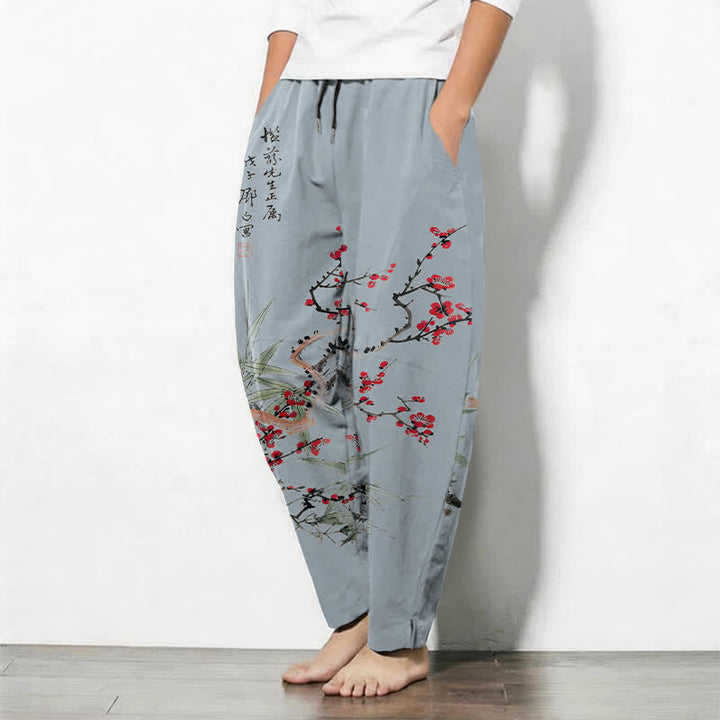 Buddha Stones Pure Cotton Ink Plum Blossom Pattern Drawstring Men's Tapered Pants With Pockets - image 12