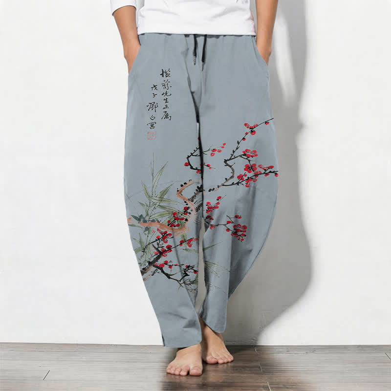 Buddha Stones Pure Cotton Ink Plum Blossom Pattern Drawstring Men's Tapered Pants With Pockets - LightSteelBlue - US/UK/AU50，EU60 (5XL) - image 11
