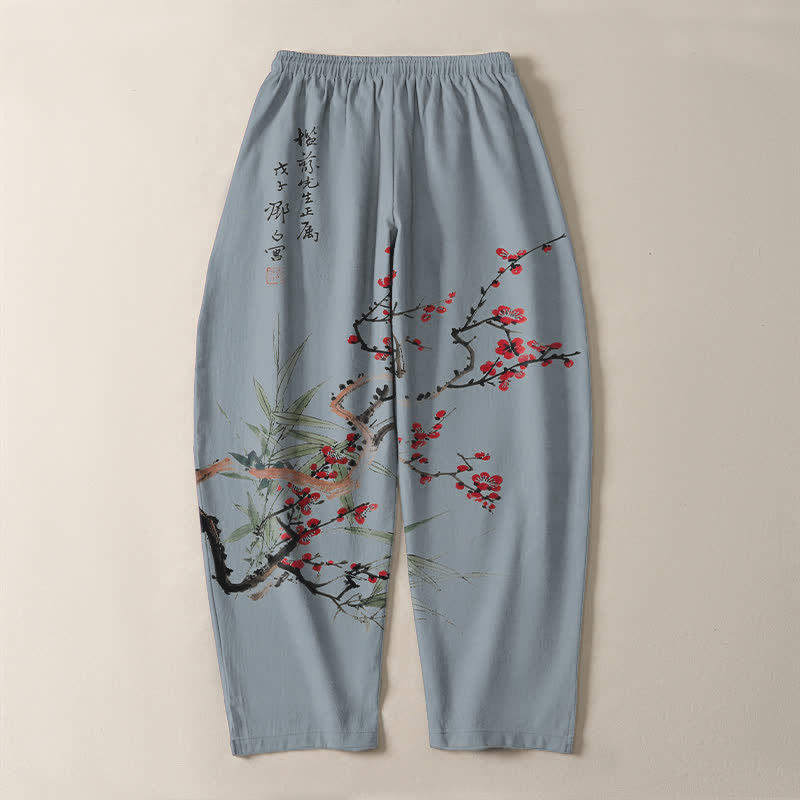 Buddha Stones Pure Cotton Ink Plum Blossom Pattern Drawstring Men's Tapered Pants With Pockets - image 14
