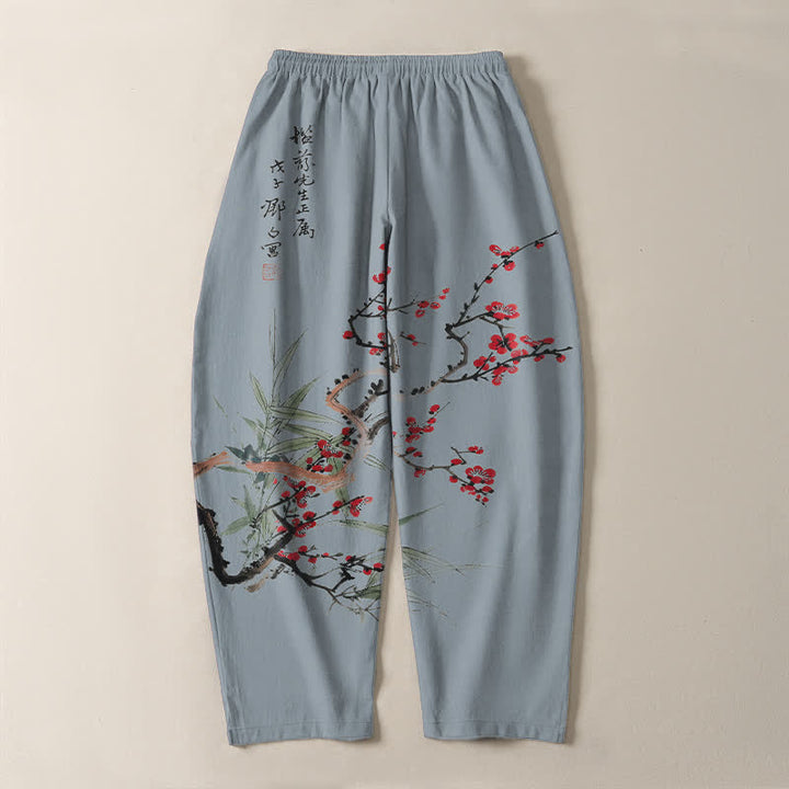 Buddha Stones Pure Cotton Ink Plum Blossom Pattern Drawstring Men's Tapered Pants With Pockets - image 14