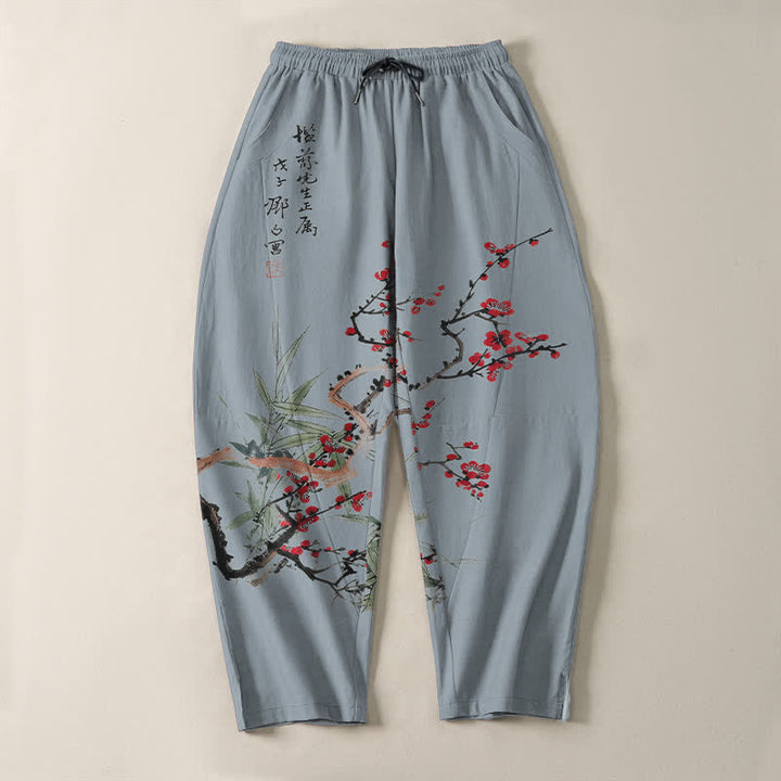Buddha Stones Pure Cotton Ink Plum Blossom Pattern Drawstring Men's Tapered Pants With Pockets - image 13