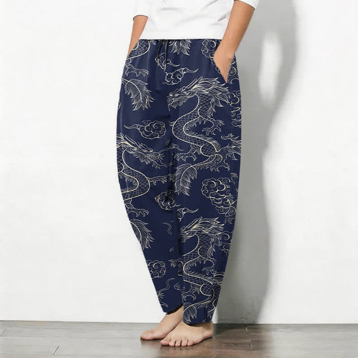 Buddha Stones Pure Cotton Oriental Dragon Cloud Pattern Drawstring Men's Tapered Pants With Pockets - image 1