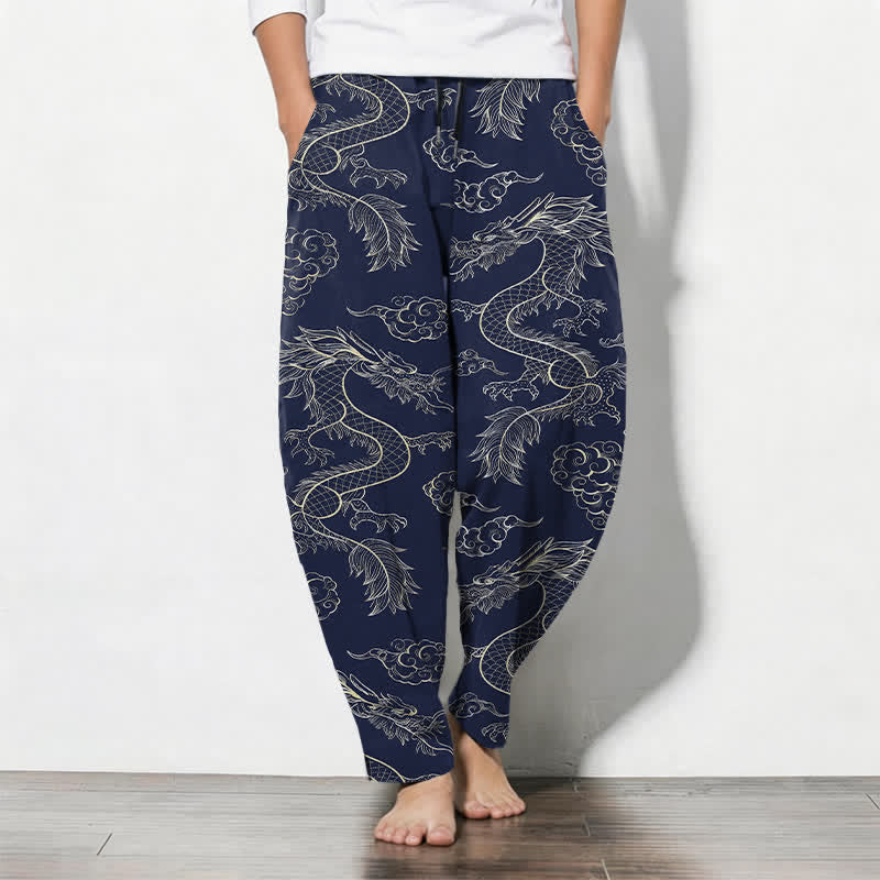 Buddha Stones Pure Cotton Oriental Dragon Cloud Pattern Drawstring Men's Tapered Pants With Pockets - Navy - US/UK/AU50，EU60 (5XL) - image 0